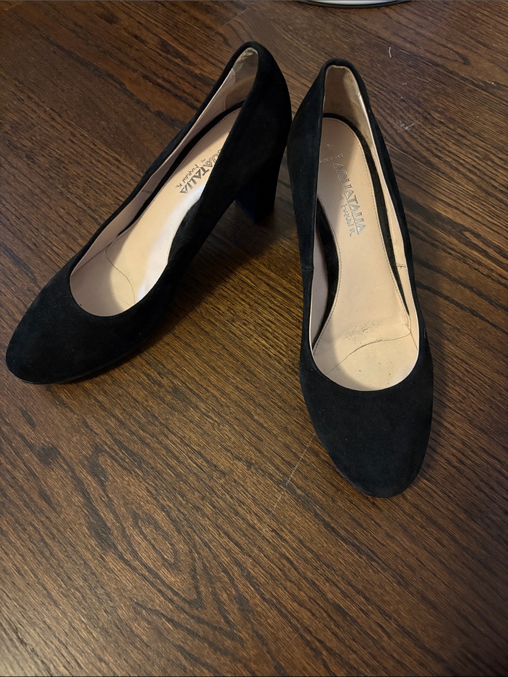 Aquatalia Black Suede Round-Toe Block Heel Pumps